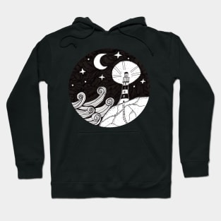 Whimsical Lighthouse Night Time Ink Illustration Hoodie